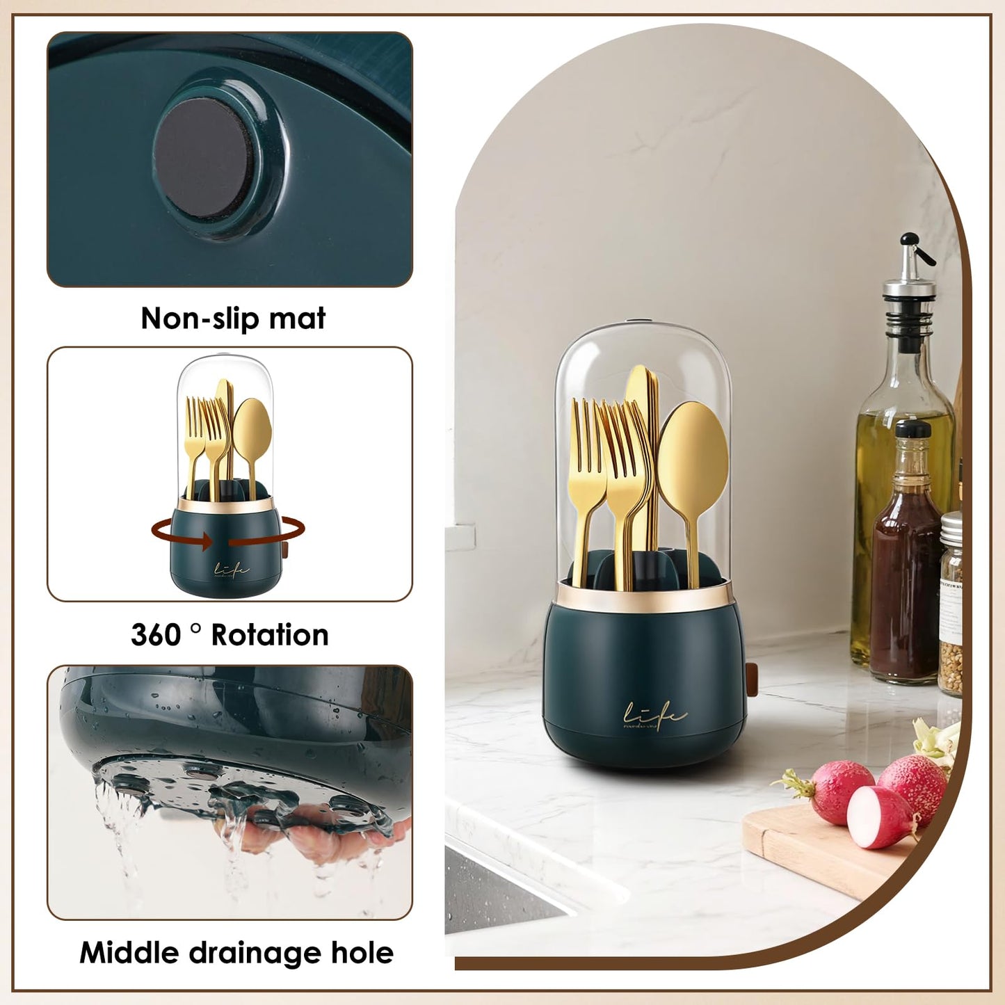 EXIN DECHEN 360 Rotation Silverware Organizer for Kitchen Counter, Utensil Holder Caddy with Cover, Spoon and Fork Organizer, 7 Slots and Intermediate Drainage Device
