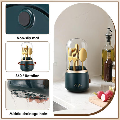 EXIN DECHEN 360 Rotation Silverware Organizer for Kitchen Counter, Utensil Holder Caddy with Cover, Spoon and Fork Organizer, 7 Slots and Intermediate Drainage Device