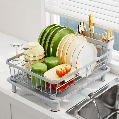 Dish Drainer Rack with Drip Tray, Sink Dish Drainer with Drainage Spout, Stainless Steel Dish Drying Rack with Cups, Utensil & Cutting Board Holders for Kitchen Counter Space-Saving, Grey
