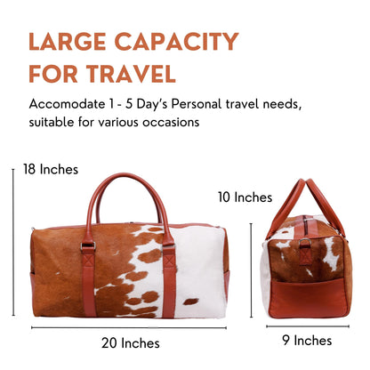 CHAYELL Cowhide Duffle Bag for Men & Women 21” - Unique Full Grain Hair-on Genuine Leather - Authentic Cow Duffle Bag with Strap Overnight Western Weekender Bag - Flight-Ready Carry-On Cow Hide Bag