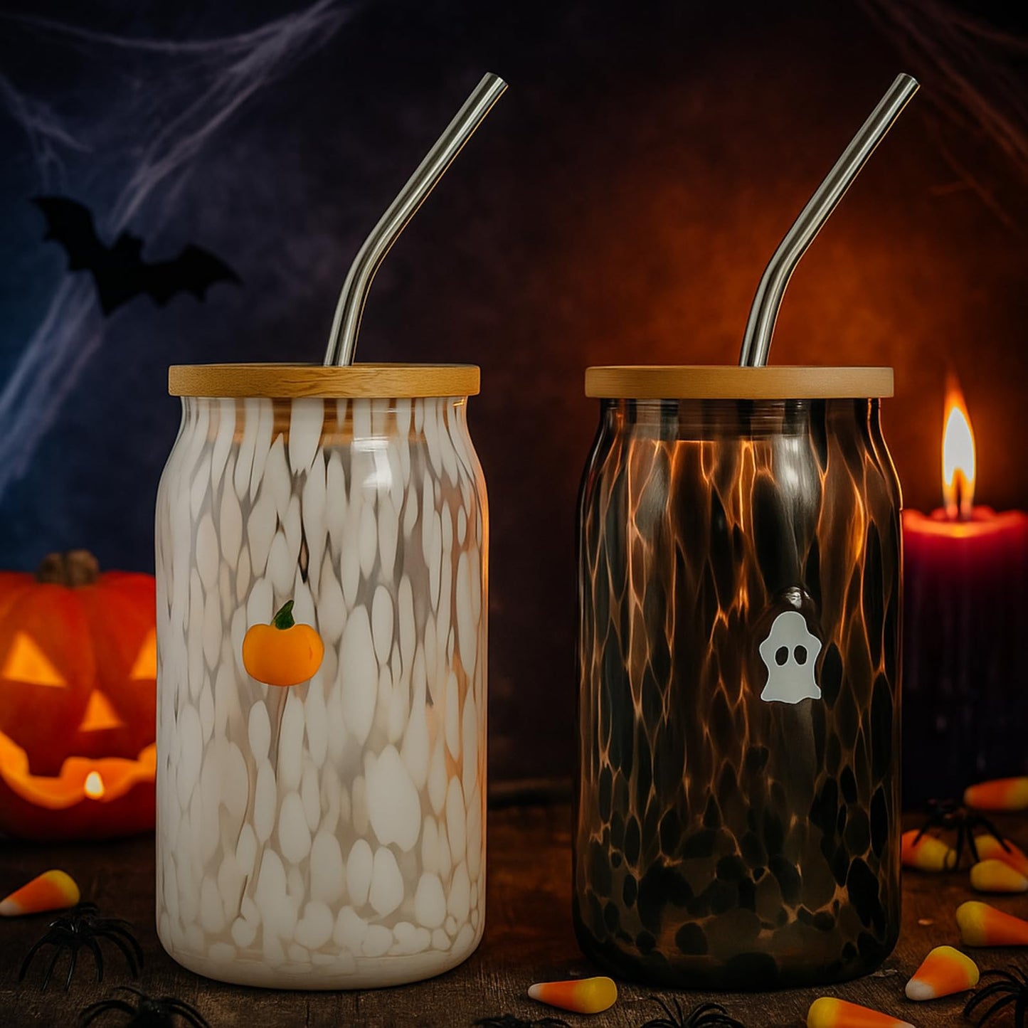 Honeydak 2 Pcs Icon Juice Glass Tumbler-18 oz Icon Can Shape Glass Cups with Lid and Straws, Coffee, Beer, Soda, Juice, Summer Drinking for Halloween Christmas Party Favors (Ghost and Pumpkin)