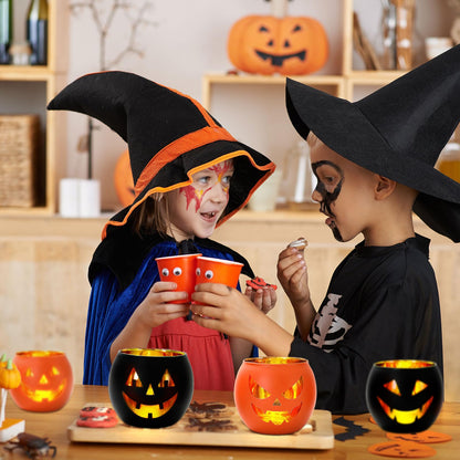 Whaline 6Pcs Halloween Candle Holder Black Orange Pumpkin Face Candlestick Glass Holder for Home Party Table Centerpiece Decor Supplies