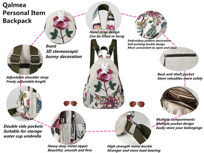 Qalmea Small Backpack for Women，Hippie Backpack Handmade Canvas Bags Casual Mini Handbag（Rabbit Pattern）