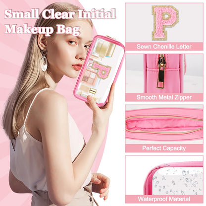 Small Clear Personalized Initial Makeup Bag, Preppy Nylon A-Z Chenille Letter Patch Makeup Organizer TSA Approved Travel Toiletry Bag,Waterproof Zip Beach Cosmetic Pouch Purse for Women(Pink-Pink P)
