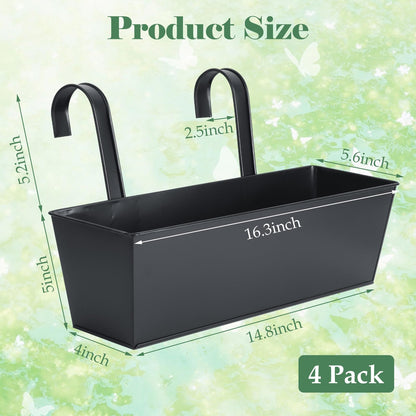 YAYODS 4 Pack Metal Railing Planter Box for Outdoor 16 Inch Hanging Flower Pots for Railing Fence, Deck Hanging Balcony Planters for Garden, Porch, Window (Black)