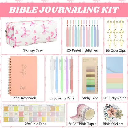 DRANSMIC Bible Study Supplies Journaling Kit with Pen Cas, Tabs, Notebook and No Bleed Highlighter, Aesthetic Book Annotation Kit, Christian Gifts for Women Grils Friends (Pink Pow)