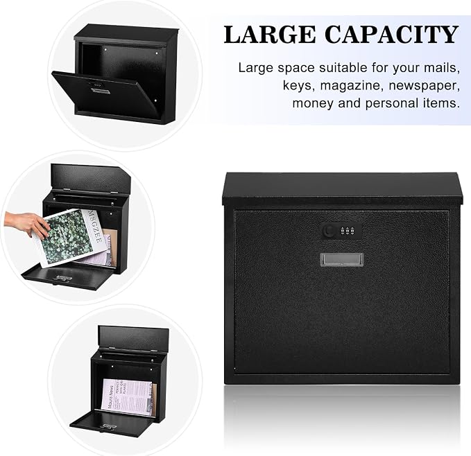 xydled Mail Boxes with Combination Lock,Locking Mailbox Wall Mounted,Security Metal Mailbox Drop Box, Modern Large Capacity,Steel Cover Metal Postbox for House Home Outside, Black, 14.2''x12.6''x4''