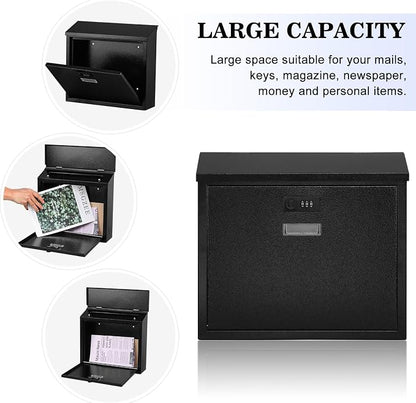 xydled Mail Boxes with Combination Lock,Locking Mailbox Wall Mounted,Security Metal Mailbox Drop Box, Modern Large Capacity,Steel Cover Metal Postbox for House Home Outside, Black, 14.2''x12.6''x4''