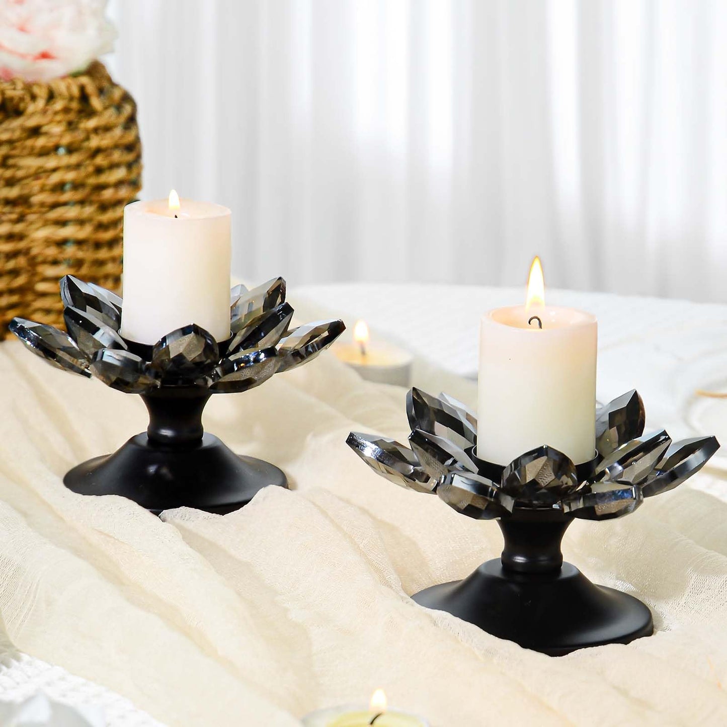 2 PCS Black Crystal Flower Tea Light Holder, Glass Tealight Candlestick with Metal Base, Votive Candle for Table Centerpiece, Wedding/Parties Decor, Nice Gift