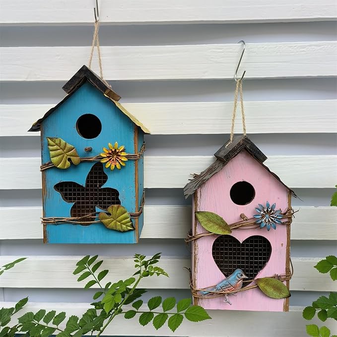 Generic Wood Bird House for Outside, 10"" H Hanging Bird House with Waterproof Metal Roof, Vintage Rustic Decorative Birdhouse Wooden Bird Nest Box for Outdoor Garden Yard Decorations (Pink)
