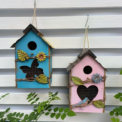 Generic Wood Bird House for Outside, 10"" H Hanging Bird House with Waterproof Metal Roof, Vintage Rustic Decorative Birdhouse Wooden Bird Nest Box for Outdoor Garden Yard Decorations (Pink)