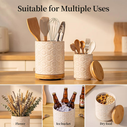 Newise Utensil Holder - Set of 2, Ceramic Kitchen Utensil Holder for Countertop, Large Utensil Crock with 360° Rotating Base, 7.7"+5.6" Embossed Cooking Storage and Decoration