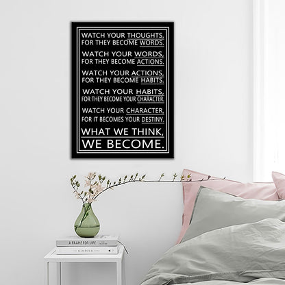 DINGFUN Inspirational Posters Watch Your Thoughts Quote Wall Art, Black White Canvas Poster, Single Panel Framed Decor for Bedroom Dorm Classroom, 24x18 Inch Display Print
