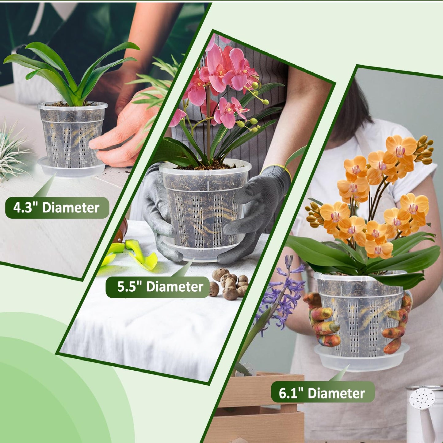 Orchid Pot with Saucers, 9 Pack Orchid Pots with Holes and 12Pcs Plant Stakes, 3 Each of 4.3",5.5",6.1" Clear Plastic Plant Pot for Indoor Outdoor Plants(3 Each of 4.3", 5.5", 6.1" + Saucers)