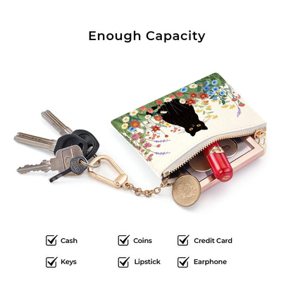 Sukyerios Black Cat Flower Floral Keychain Coin Purse for Women, Small PU Leather Change Pouch, Zipper Little Tiny Travel Wallet for Girls, Cute Kawaii Zip Pocket Coin Holder with Key Ring