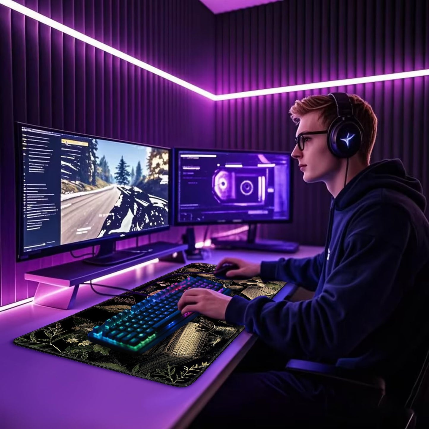 Mcapirivo Gothic Dark Botanical Large Gaming Mouse Pad 31.5"x15.7"｜XXL Desk Mat, Non-Slip Rubber Base & Stitched Edges - Extended Waterproof Mousepad for PC/Laptop/Office/Home Decor