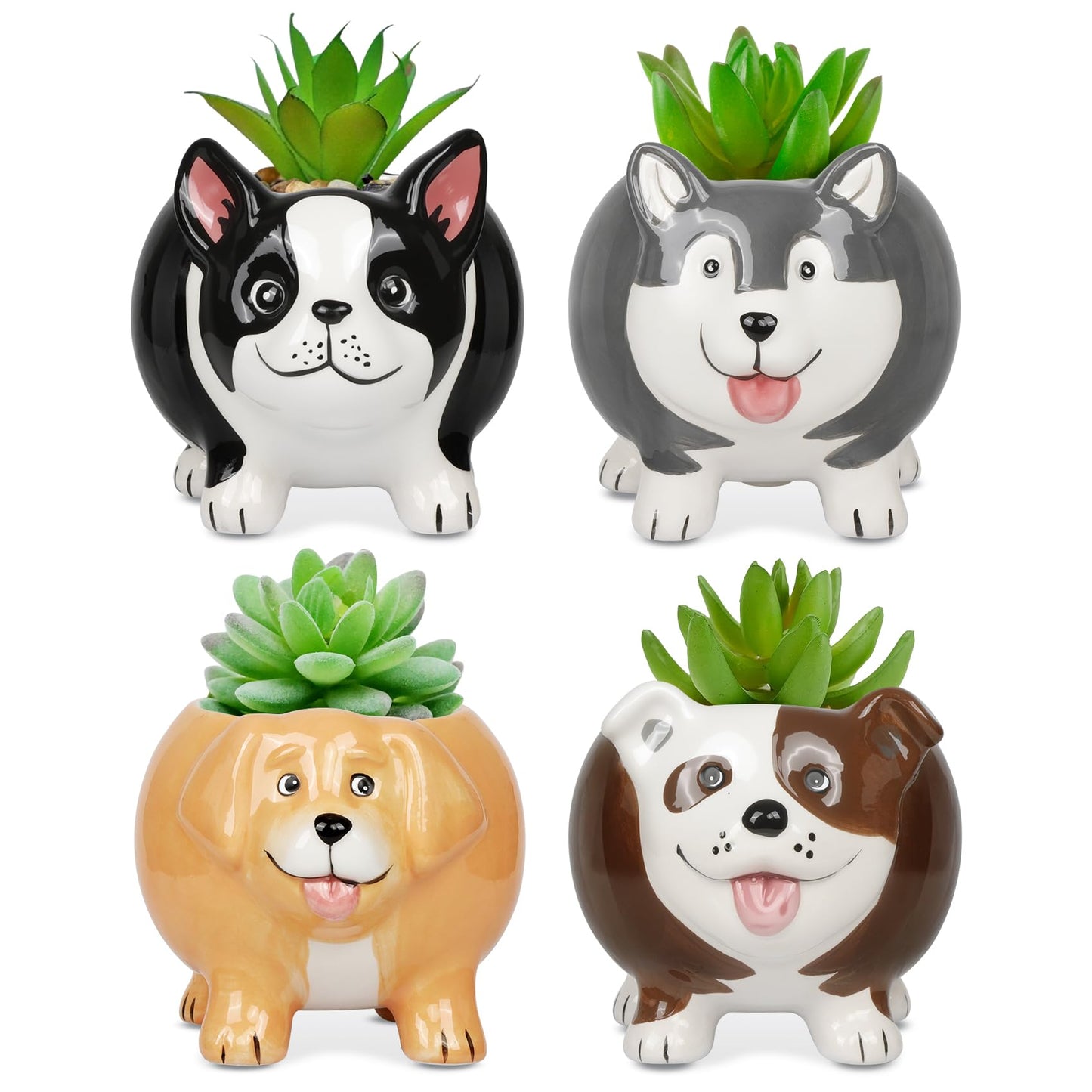 EFISPSS 4PCS Animal Succulent Plant Pots, Mini Doggy Shape Succulent Planter Pots with Drainage Hole, Ceramic Flower Pots for Home Decor and Office Desk Decoration