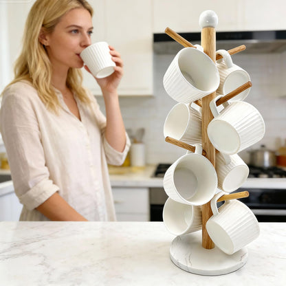 SNAIL GARDEN Screwed-in 8 Hooks Coffee Mug Holder, Marble Bas Mug Tree with Ceramic Handles, Wooden Coffee Cup Rack, Cup Stand for Counter Bar Accessories and Decor