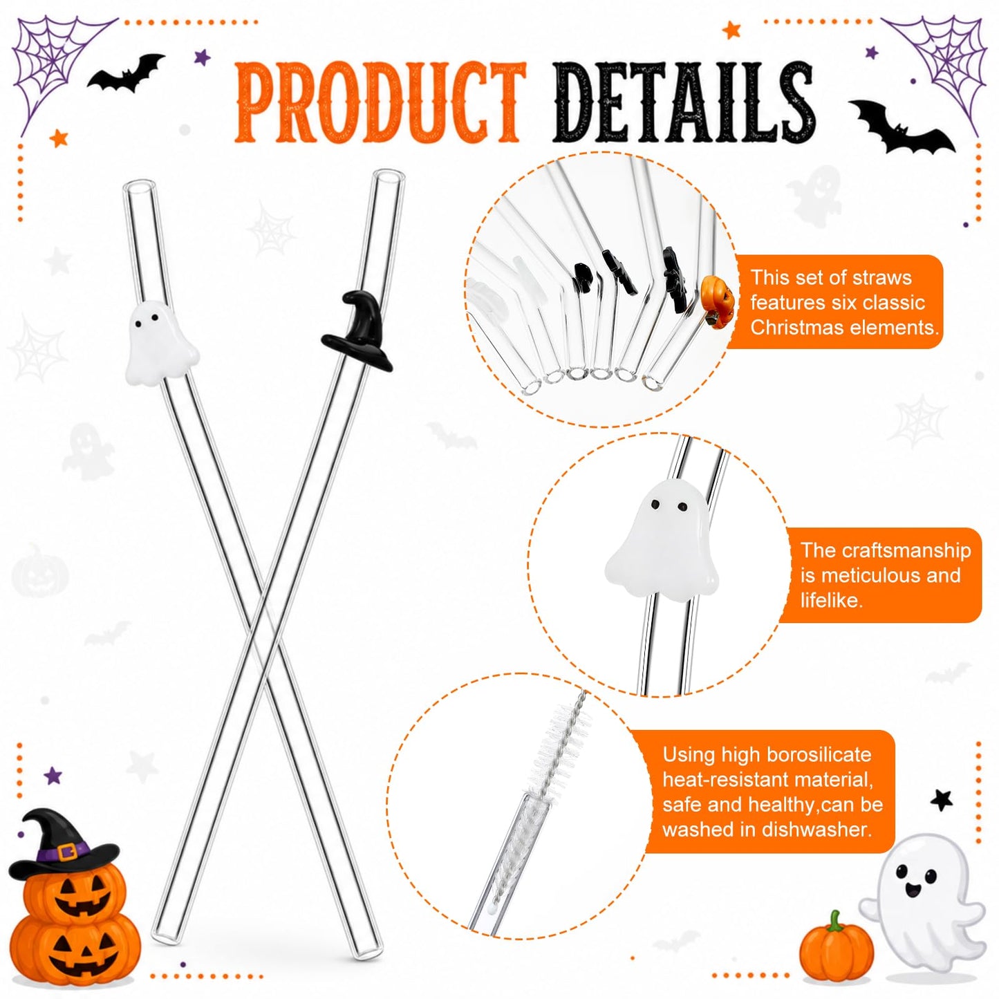 Meanplan 6 Pcs Halloween Glass Straws with Design Pumpkin Spider Ghost Bat Witch Hat Skull Reusable Shatter Resistant Clear Bent Straws with 2 Cleaning Brush for Drinks Cocktail Beverages