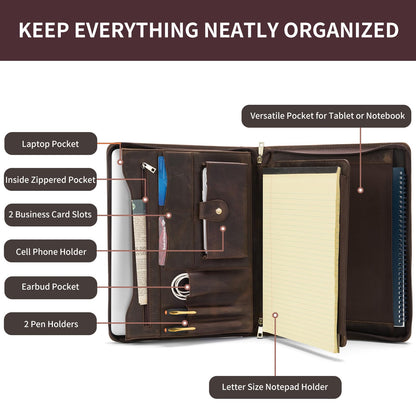 Geslun Genuine Leather Portfolio with Front Pocket for Men and Women, 8.5 x 11 Legal Pad Notepad Holder, Zippered Business Organizer, Professional Executive Letter Notebook Folder for Work, Dark Khaki