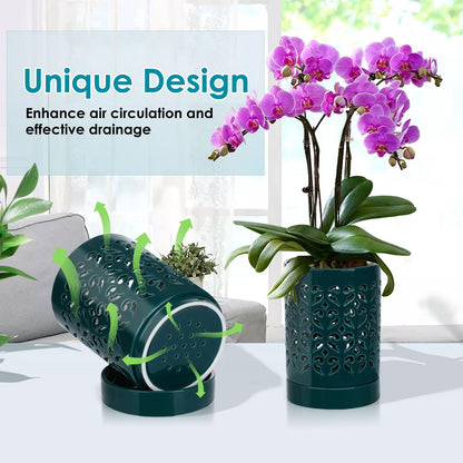 mwellewm Orchid Pot with Holes Ceramic Plant Pots Indoor Outdoor Flower Pots for Repotting with Drainage and Saucer 4 Inch Breathable Slotted Orchids Planter (Green)