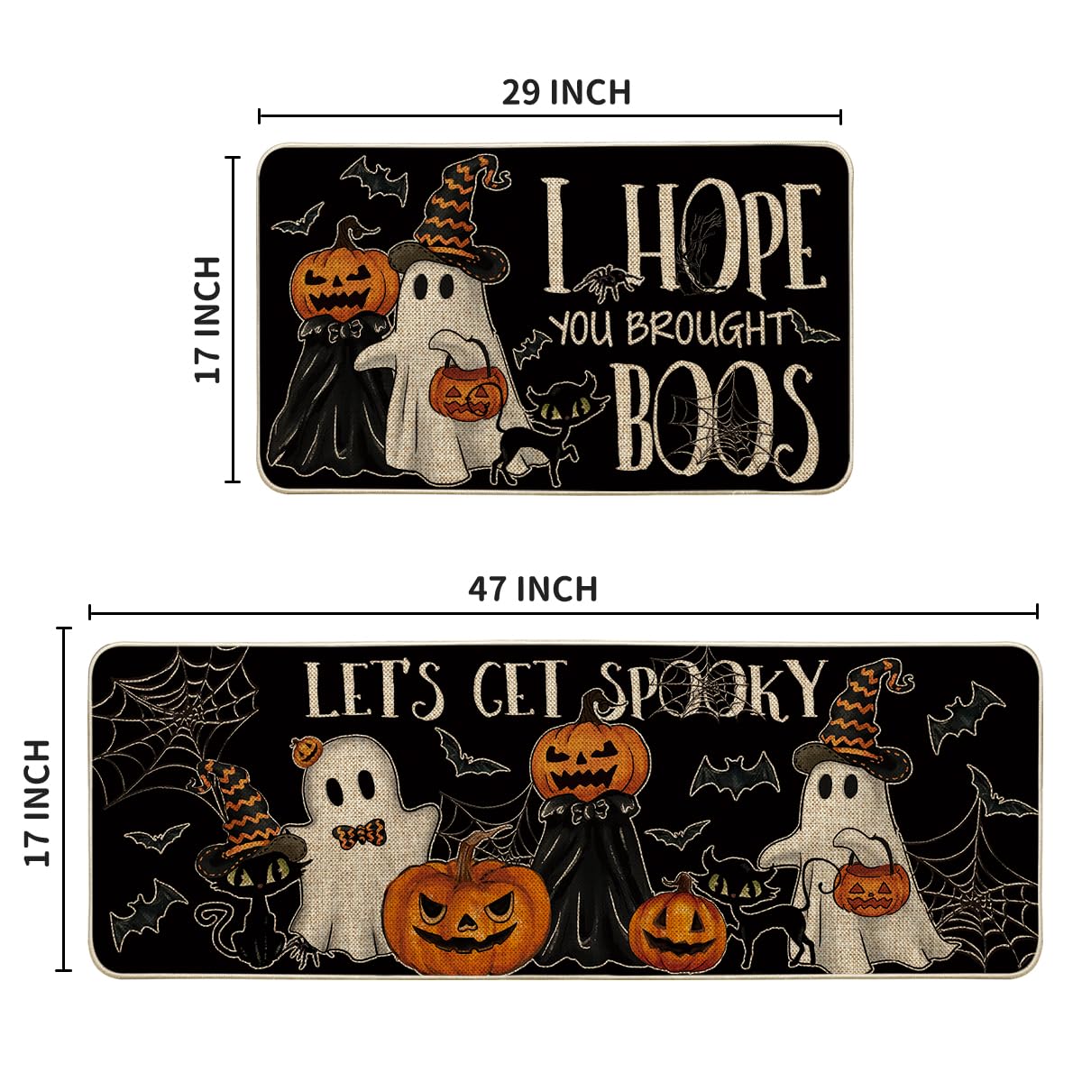 Artoid Mode Black I Hope You Brought Boos Spider Web Pumpkin Halloween Kitchen Mats Set of 2, Black Cat Home Decor Low-Profile Kitchen Rugs for Floor - 17x29 and 17x47 Inch