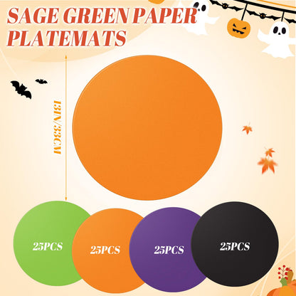 Moinchore 100 Pcs Halloween Disposable Paper Placemats Halloween Kitchen Round Dining Table Placemat Purple Black Orange Green Paper Place Mat Bulk for Thankgiving Dinner Spooky Party Home Restaurant