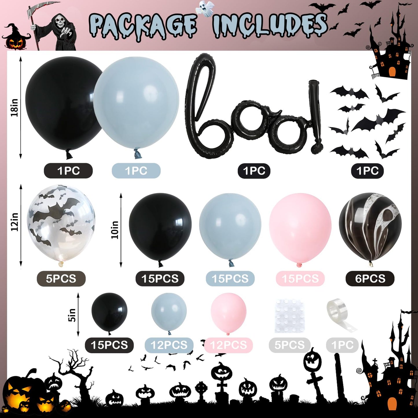 Froova Halloween Balloons Arch Dusty Pink Blue Balloon Garland Kit Boo Foil Balloons with 3D Bat Stickers for Boy or Girl Gender Reveal Night Pink Ghost Spooky One Baby Shower Birthday Party Decor