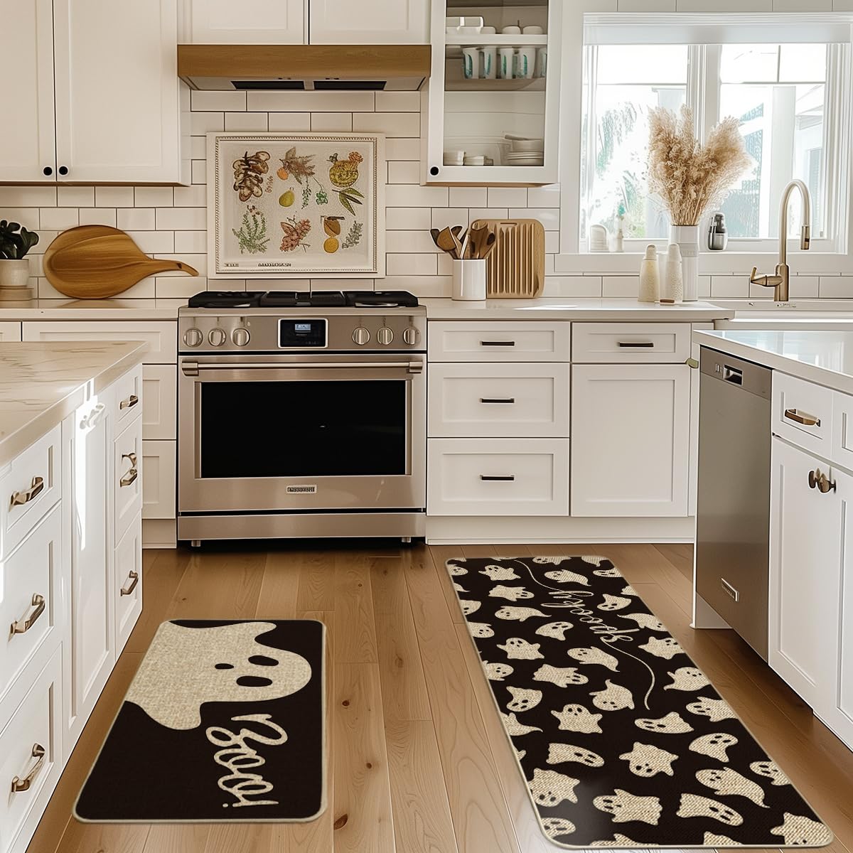 Artoid Mode Spooky Ghosts Boo Halloween Kitchen Mats Set of 2, Black Home Decor Low-Profile Kitchen Rugs for Floor - 17x29 and 17x47 Inch