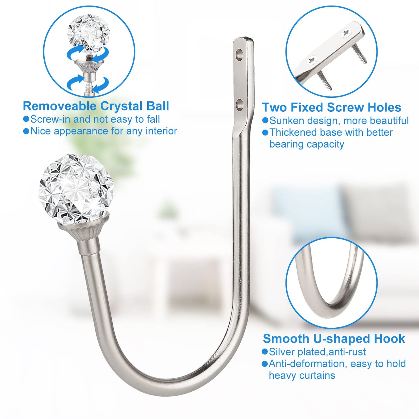 gobutend Curtain Holdbacks, 4 pcs Curtain Tiebacks Hooks for Drapes with Clear Crystal Ball, Wall Mounted Window Curtain Holder for Home Decor, Silver