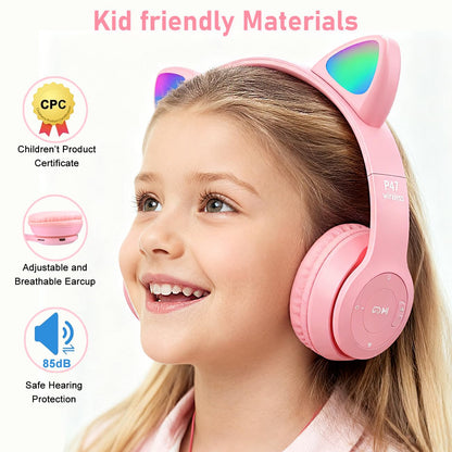 Megadream Kids Wireless Headphones, Bluetooth Over Ear Headphones with Microphone, Cat Ear LED Light Child Headset TF Card/Wired Foldable Earphones for Girls Boys Gift Age 7+ (Pink)