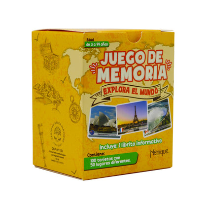 Menique Explore the World Memory Matching Game – Spanish Edition – 100 Cards (50 Pairs) with Iconic Landmarks, Country & Flag – Educational Geography Game in Spanish.