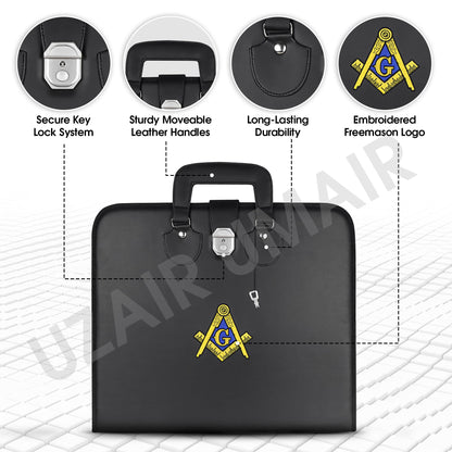 Masonic Master Mason Blue Lodge Apron Case, Faux Leather, 16x18 Inch with Blue/Gold Embroidered Logo, Silk Knitted Tie Set