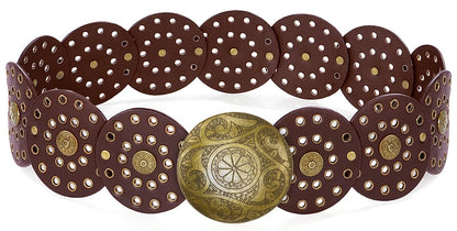 HIQUACC Wide Disc Belt for Women Vintage Leather Hollow Out Round Belt Western Waist Belt (Copper Brown S)