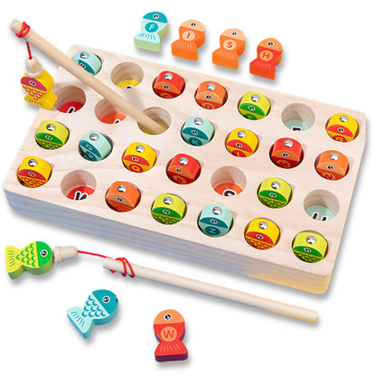 Haktoys Wooden Fishing Alphabet Game Magnetic Learning Toy with Ocean Sticker Book, ABC Toy with 26 Lettered Fish & 2 Poles, Educational Travel Game for Toddlers Preschool Kids