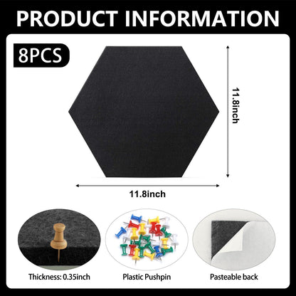 8 Packs Black Hexagon Felt Pin Board, 12" Bulletin Board with 30 Push Pins, Felt Board for Home Kitchen Office Decor, Self-Adhesive Corkboard Tiles for Walls Classroom Message Photos Memos Display