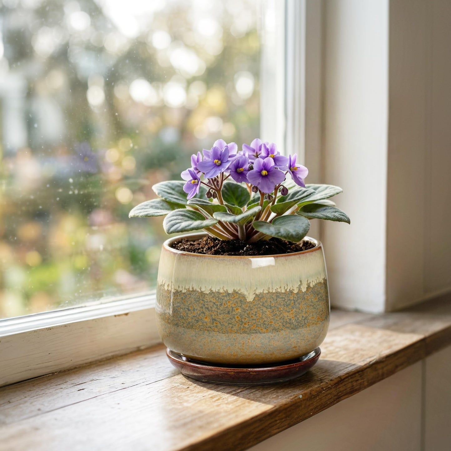 Fivepot Ceramic Pots for Plants - 6 Inch Plant Pot Indoor with Drainage and Saucer, Round Planters for Succulent Snake Plants, Decorative Flower Pot, Home Decor, Plant Lover Gifts, Brown-Beige