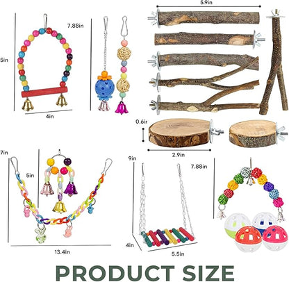 20 Pack Bird Toys for Cockatiels, Parakeet Toys for Cage, Natural Wood Parakeet Perches, Hanging Budgie Toys Swings and Parakeet perches, Essential Avian Playthings for Inside Cage
