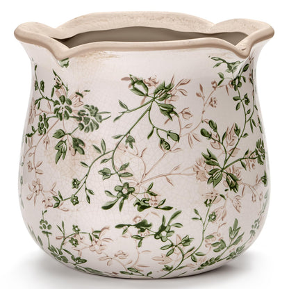behen bahen Vintage Ceramic Planter Pot with Drainage Holes, Green Floral Design, 6.11 Inch, Distressed Tuscan Style, Indoor Plant Pot and Vase (Sage Beige)