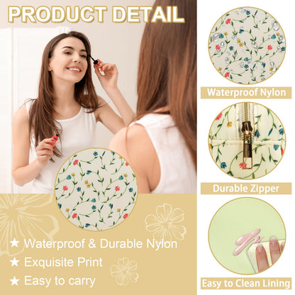 Waterproof Small Floral Pencil Case Makeup Bag for Purse,Cute Flower Pencil Pouch Preppy Nylon Makeup Brush Holder with Zipper,Girls Portable Storage Case Pen Bag for Work(Slim Light Yellow-Flowers)