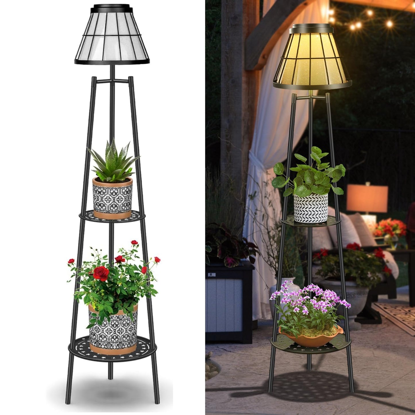 MXwcy 2-Tier Solar Plant Stand with Light, Modern Outdoor Floor Lamp with Classic Grid Lantern, Waterproof Tall Metal Planter Display Rack for Patio, Porch, Balcony, Garden Decor (2 Pack)