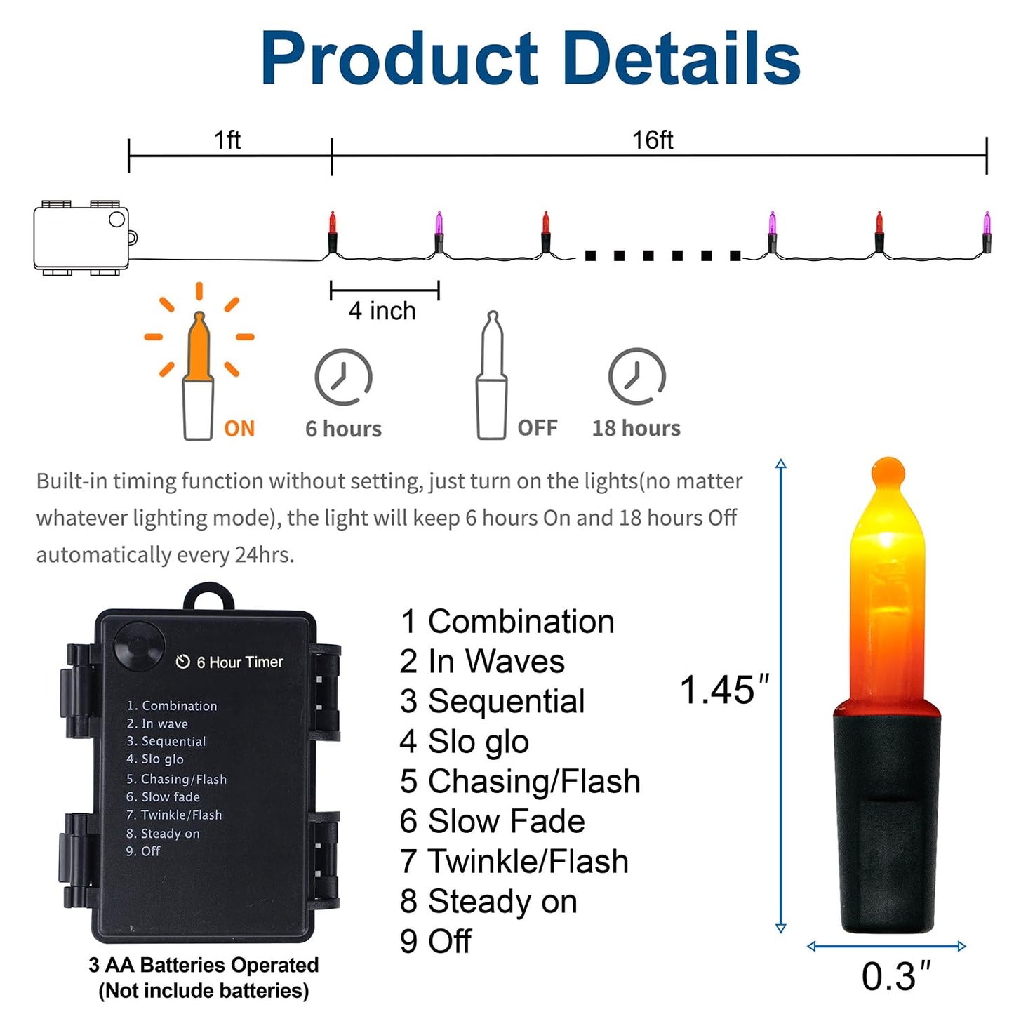 WATERGLIDE 50 LED Outdoor Halloween Lights, 16 FT Mini String Light with 8 Modes, Waterproof Battery Operated Tree Lights for Indoor Outdoor Patio Garden Party Wedding Decoration, Orange & Purple