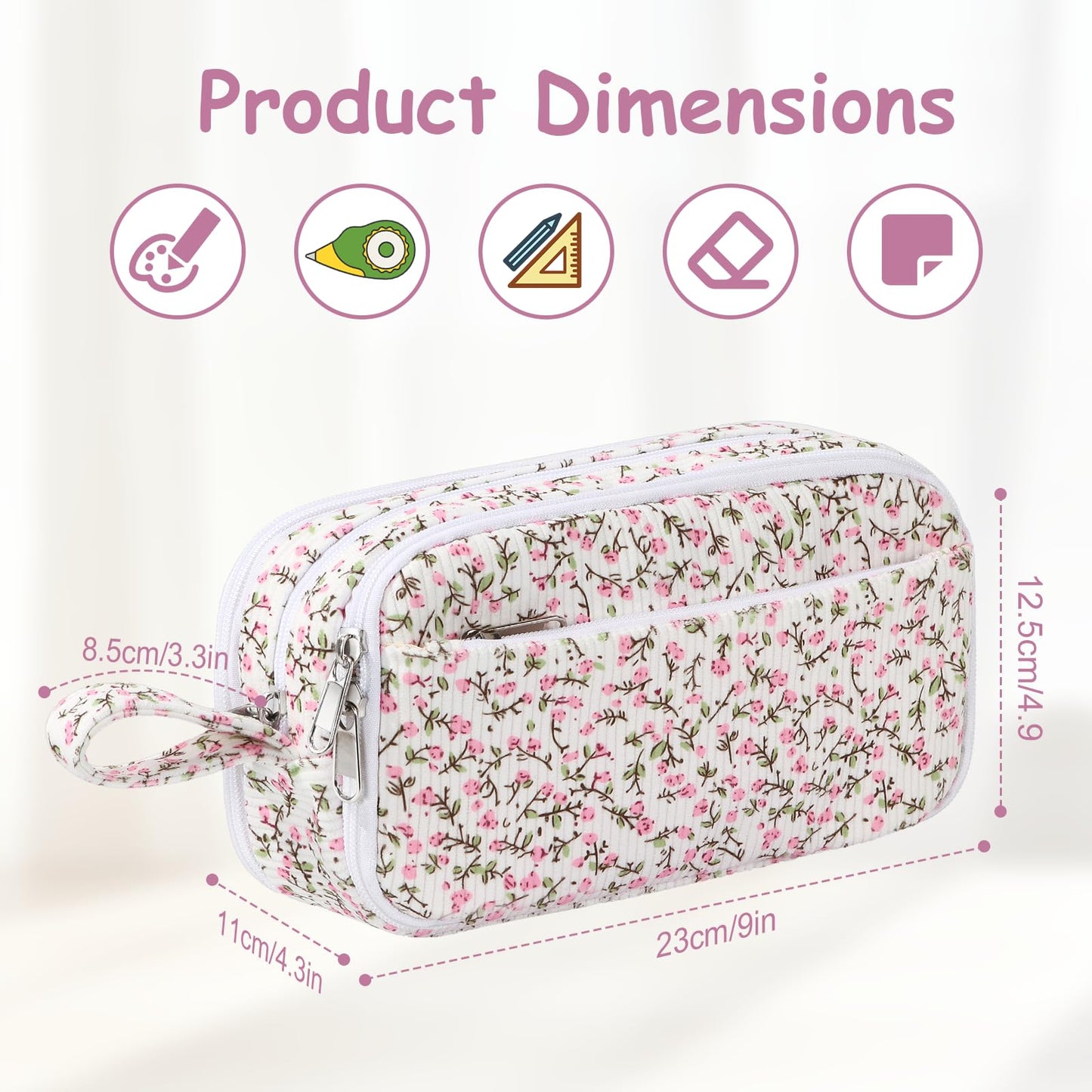 BuyCard Big Capacity Pencil Pouch, Pink Floral Corduroy 4-Compartment Pen Bag, Aesthetic Stationery Organizer for Teen Girls Women, Must-Have for Teacher, Makeup & Electrical Goods Storage Case