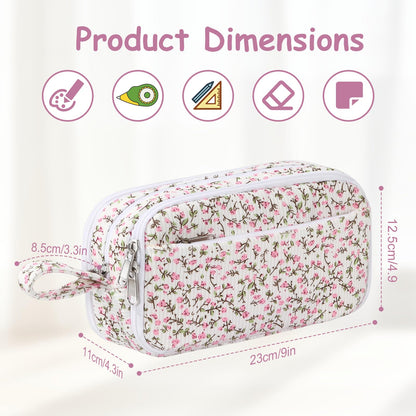 BuyCard Big Capacity Pencil Pouch, Pink Floral Corduroy 4-Compartment Pen Bag, Aesthetic Stationery Organizer for Teen Girls Women, Must-Have for Teacher, Makeup & Electrical Goods Storage Case