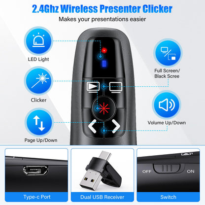 2-in-1 USB Type C Presentation Clicker, Clicker for PowerPoint Presentations, Rechargeable Wireless Presenter Remote, RF 2.4GHz USB PowerPoint Clicker Slide Advancer with Volume Control