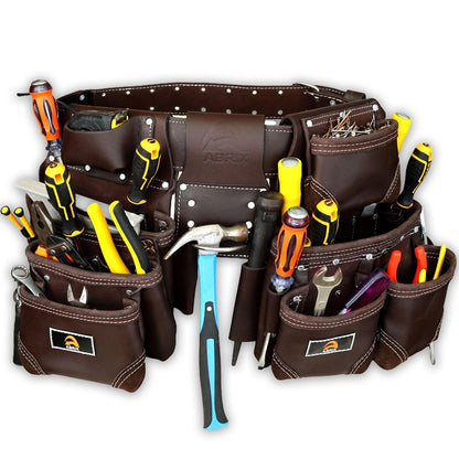 ABRIX Heavy Duty Tool Belt for Men – 4MM Thick Genuine Leather, Brass Buckle & Rivets | Foam Padded Comfort | 28-Pocket Carpenter & Framing Rig | Fits Waist 32 to 52 Inches | Professional Work Belt