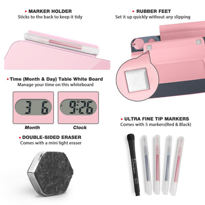 Small Glass Desk Whiteboard Dry-Erase Board with Clock, Small Travel Reminder Clock Keychain with Desk Notepad, Time Table Whiteboard for Desk Digital LED Light Display, 8x6 in with Accessories, Pink
