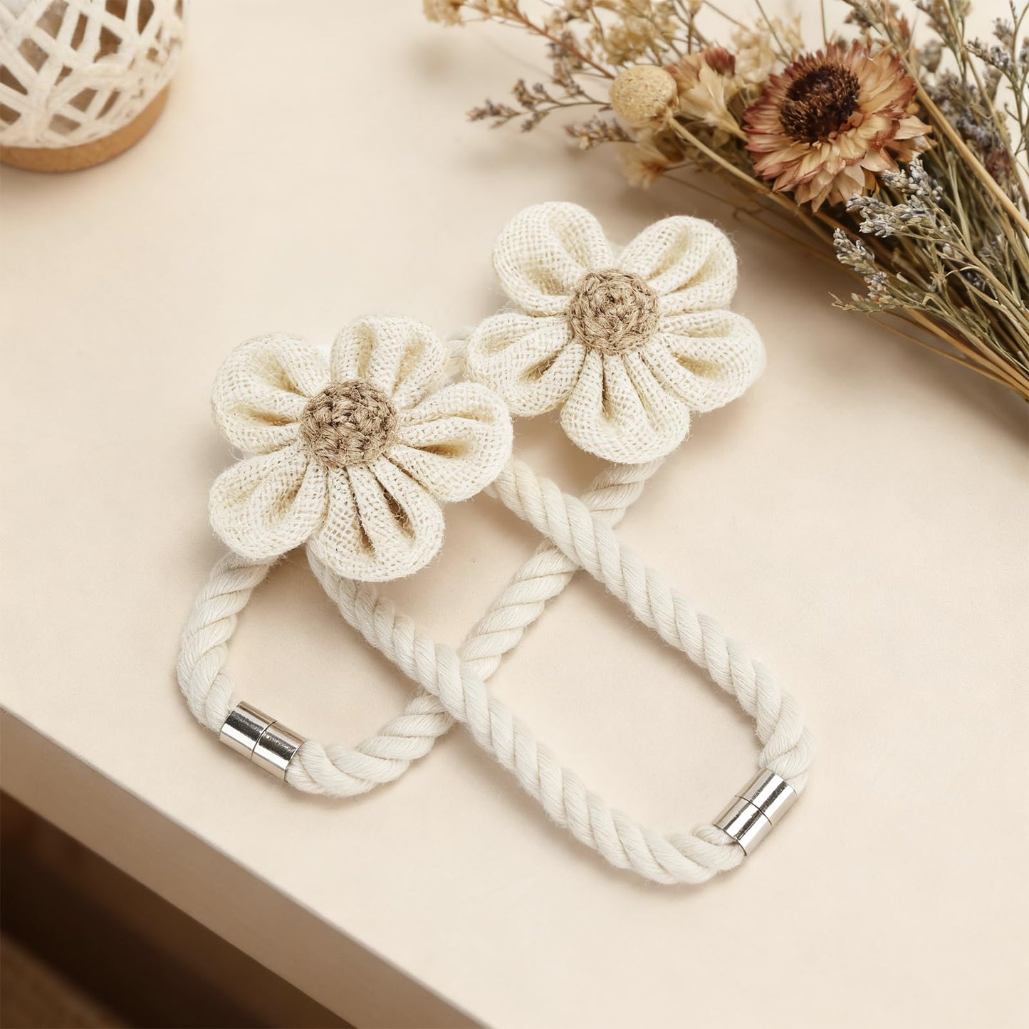 KLOGTSIND Magnetic Curtain Tiebacks, 4 Pack Flower Curtain Holdbacks for Draperies, Elegant Curtain Tie Backs for Boho Bedroom Decor, Toddler Girl Room Decor, Baby Nursery Decor