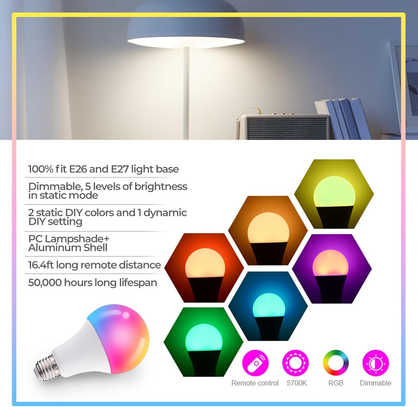 Droiee Dimmable E26 Warm LED Light Bulb, 6W RGBW Color 500LM with 16 Color Changing Modes for Christmas, Party etc with Remote Control 2 Pack