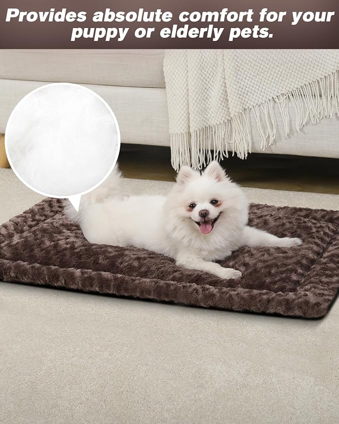 Washable Dog Bed Mat Ultra Soft Dog Crate Pad Comfy Fluffy Pet Kennel Beds Sleeping Mattress for Large Jumbo Medium Small Dogs, 36 x 23 Inch, Brown